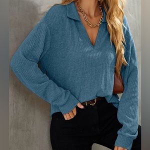 Teal Blue Ribbed Collared Long Sleeve Shirt